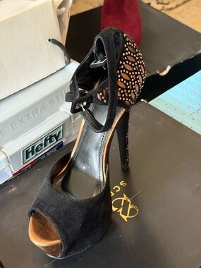 Black Suede Peep-Toe Ankle-Strap Heel with Crystal Detail